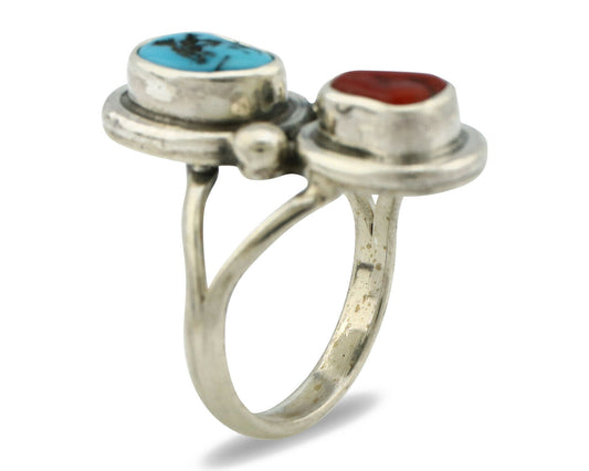 Navajo Ring .925 Silver Red Coral & Blue Turquoise Native Artist C.80's