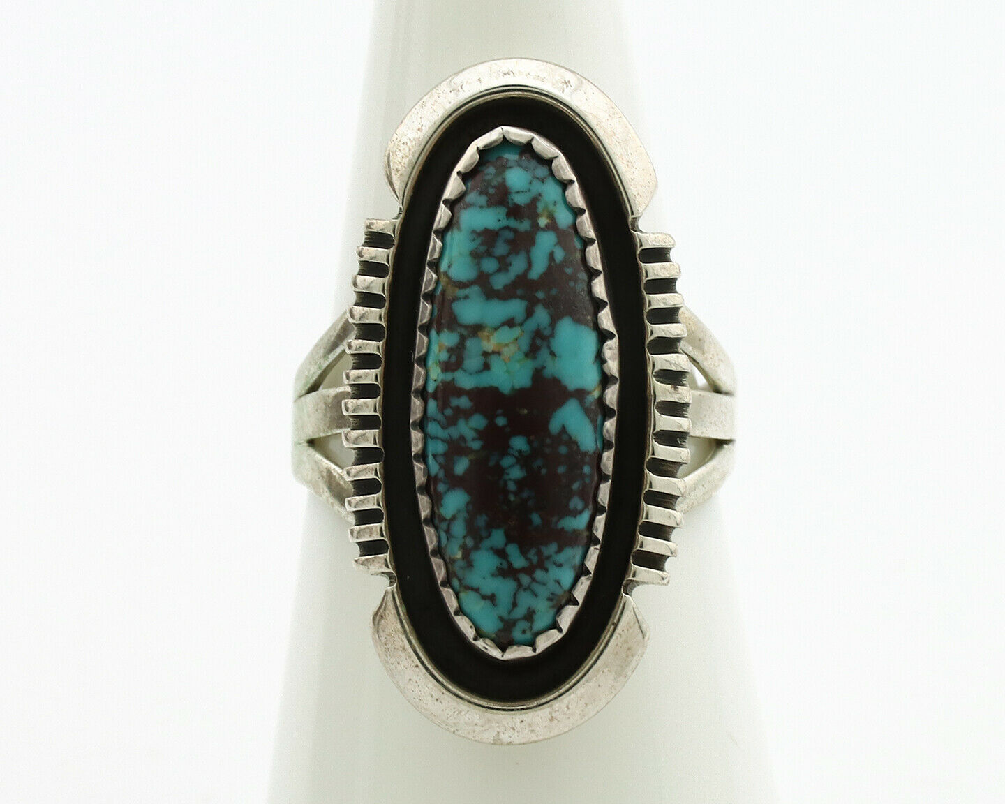 Navajo Ring .925 Silver Spiderweb Turquoise Artist Signed B C.1980's