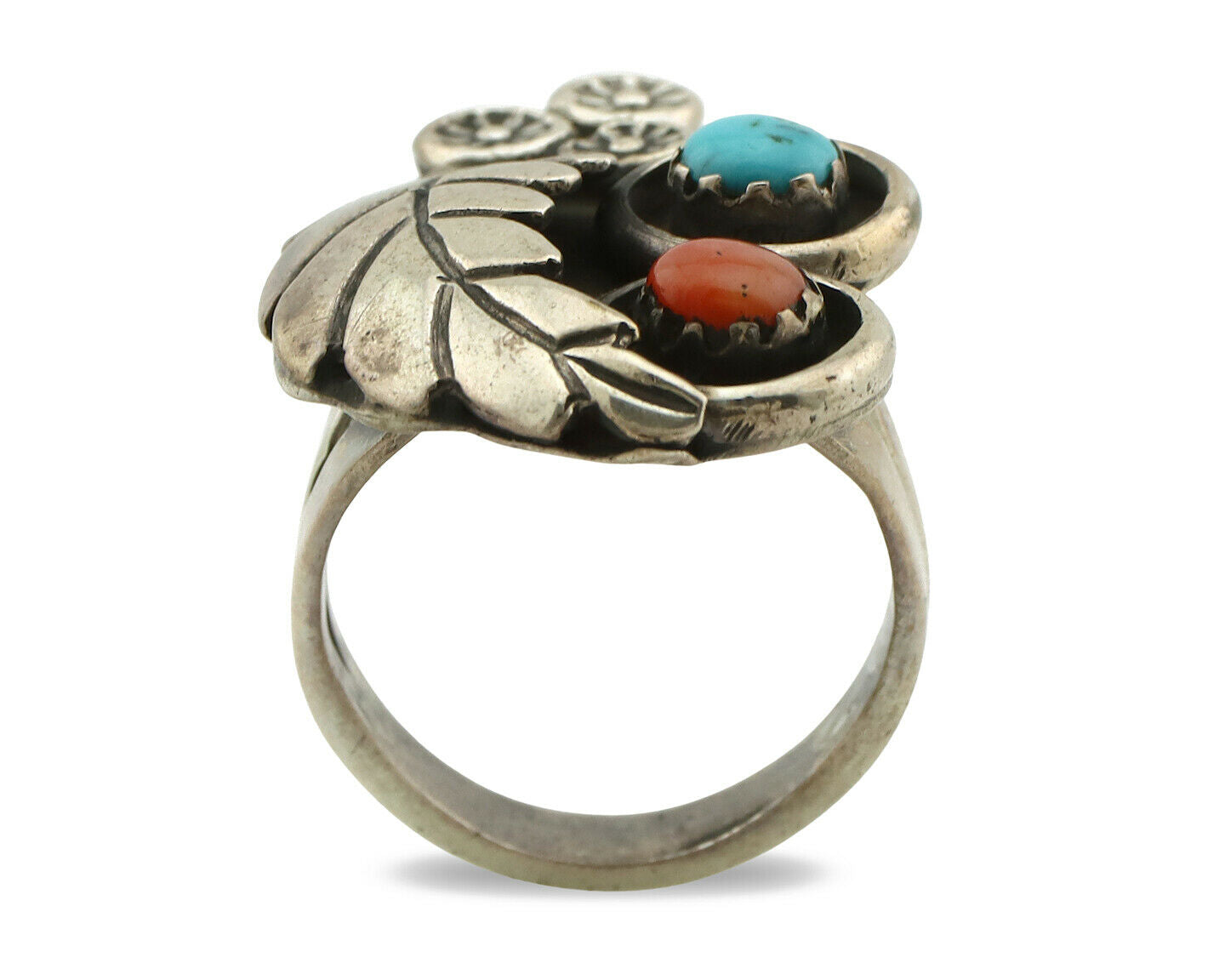 Navajo Ring .925 Silver Turquoise & Coral Native American Artist C.1980's