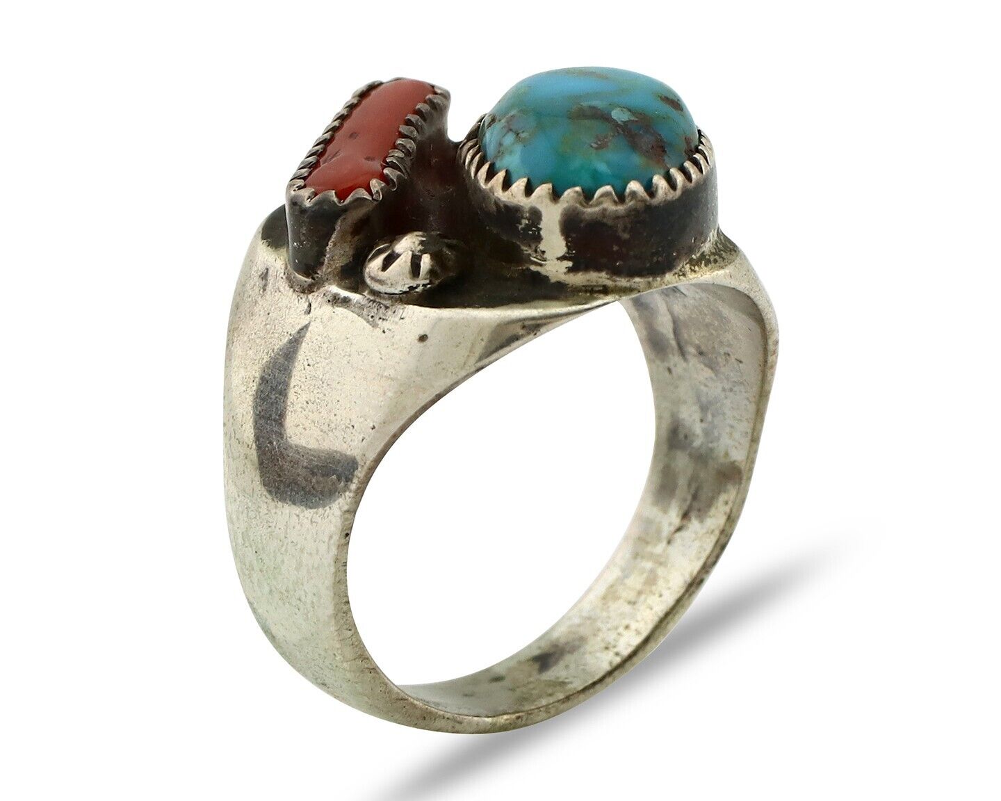 Navajo Ring 925 Silver Blue Turquiose & Mediterranean Coral Native Artist C.80's