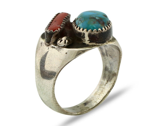 Navajo Ring 925 Silver Blue Turquiose & Mediterranean Coral Native Artist C.80's