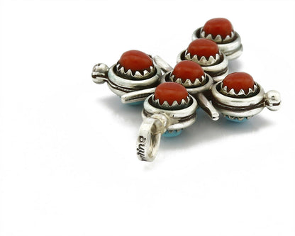 Zuni Natural Turquoise and Coral Reversible 925 Silver Handmade Pendant
