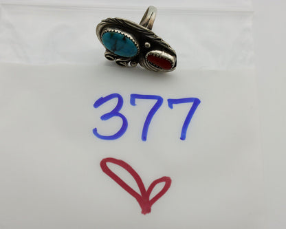 Navajo Ring 925 Silver Turquoise & Coral Artist Signed Native American C.80s