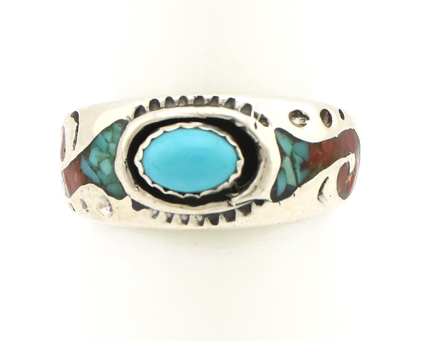 Navajo Handmade Ring 925 Silver Blue Turquoise & Coral Native American C.80's