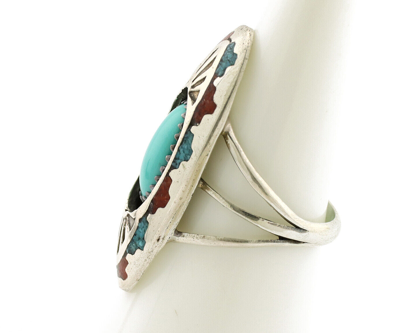 Navajo Ring 925 Silver Turquoise & Coral Signed Circle JW C.80s