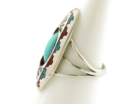 Navajo Ring 925 Silver Turquoise & Coral Signed Circle JW C.80s