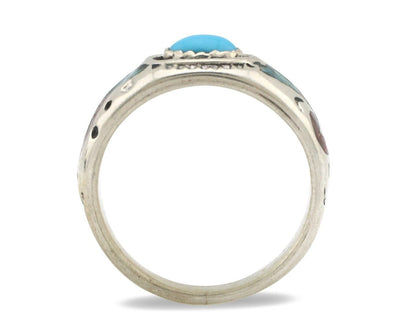 Navajo Handmade Ring 925 Silver Blue Turquoise & Coral Native American Artist