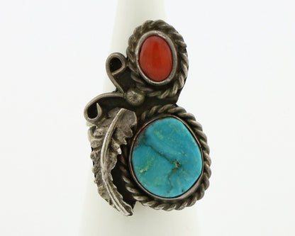 Navajo Handmade Ring 925 Silver Turquiose & Coral Native American Artist C.80's