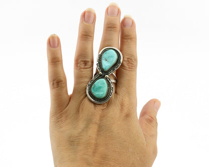 Navajo Ring .925 Silver Globe Turquoise Hand Stamped Native American Artist C80s