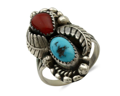 Navajo Ring .925 Silver Turquoise & Coral Artist Signed Stanley Bain C.80's