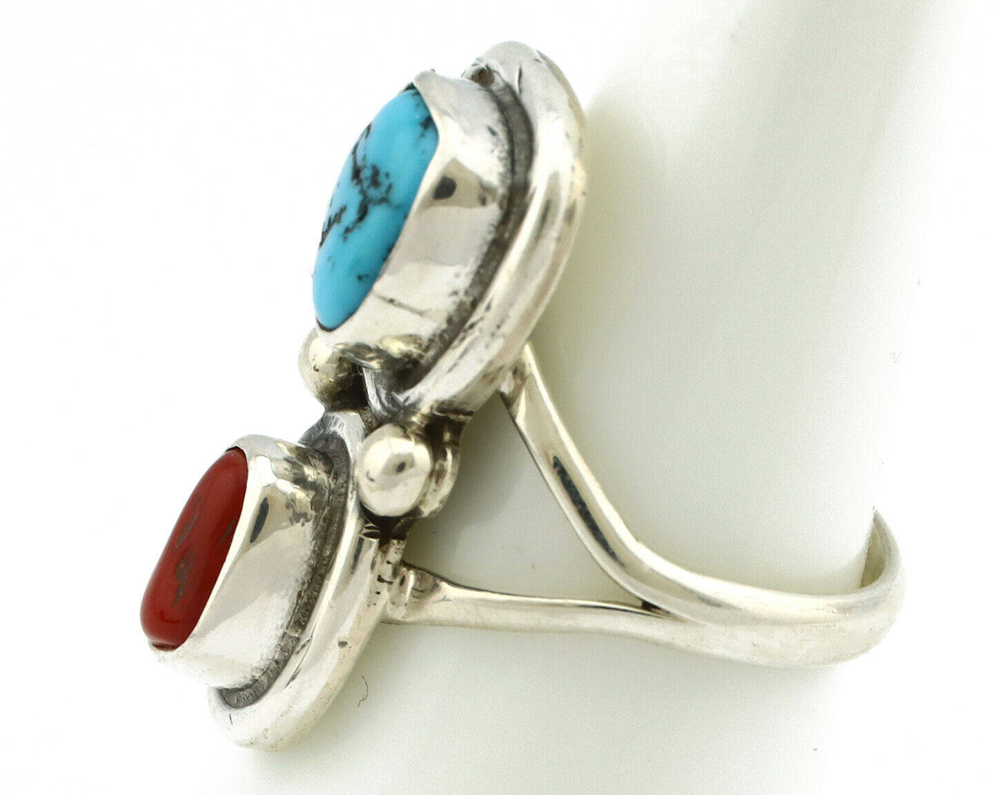 Navajo Ring .925 Silver Red Coral & Blue Turquoise Native Artist C.80's