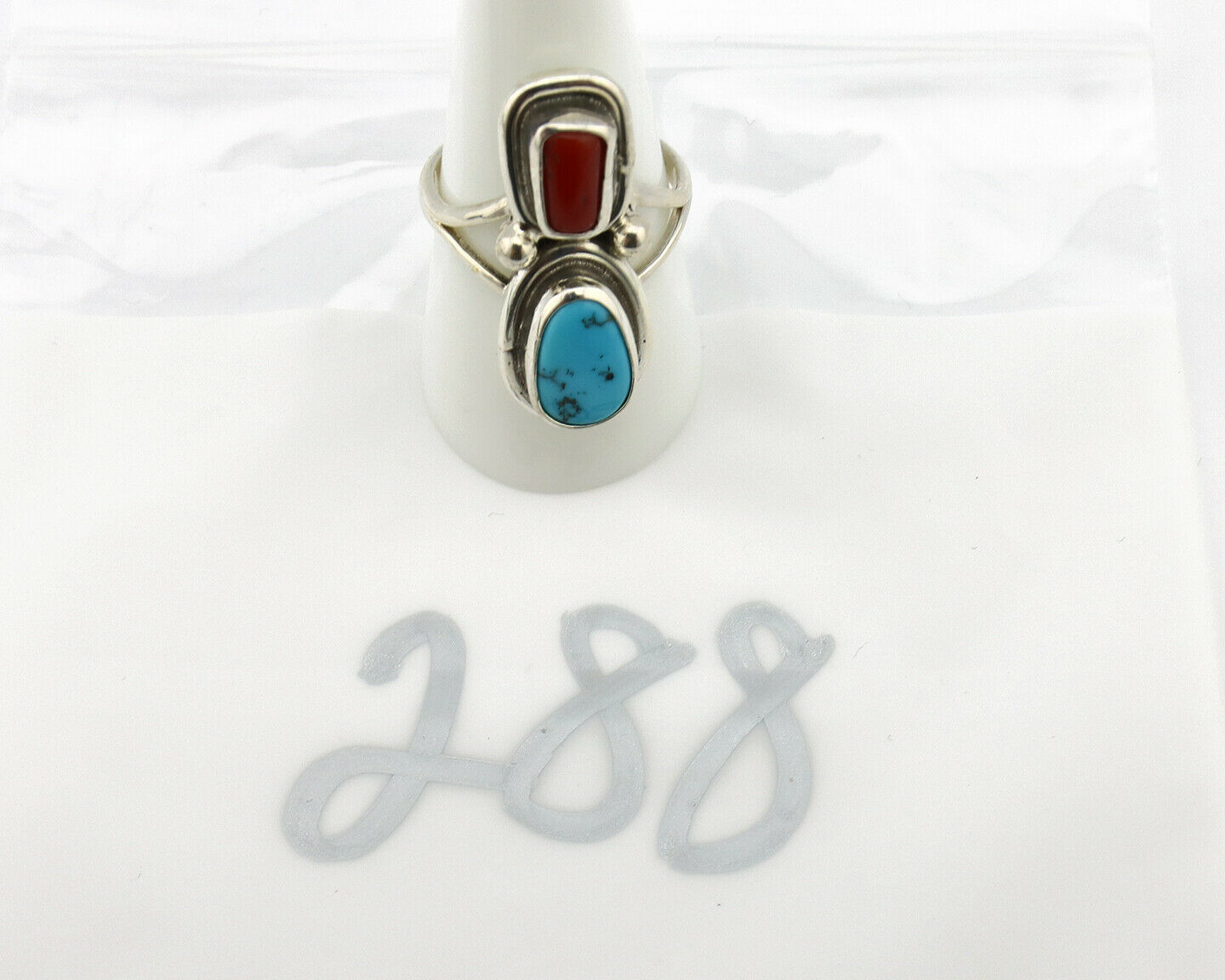 Navajo Ring .925 Silver Blue Turquoise & Red Coral Native American Artist C.80's
