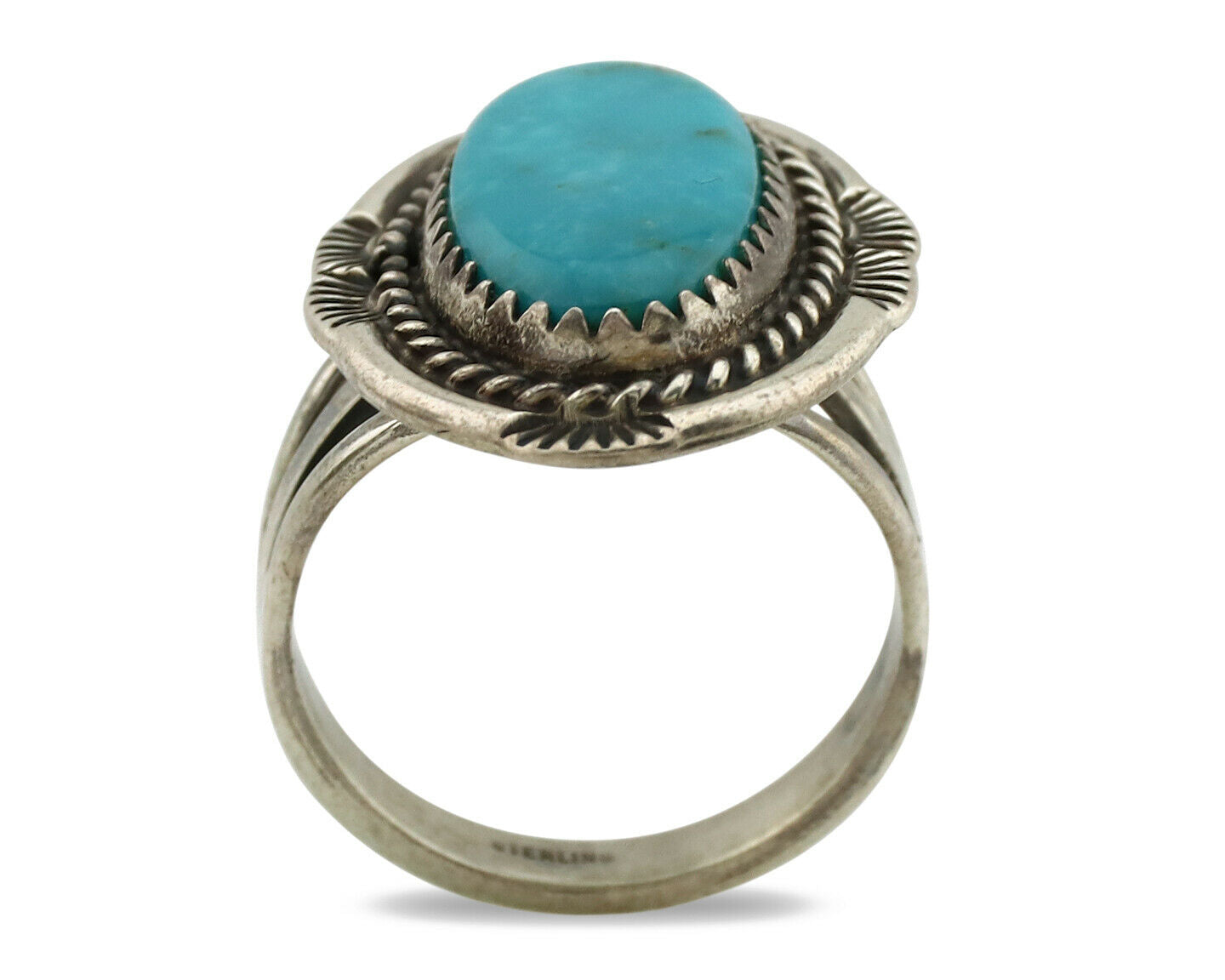 Navajo Ring .925 Silver Kingman Turquoise Artist Signed Begay C.1980's