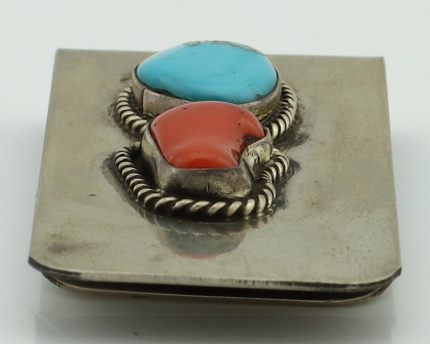 Navajo Money Clip 925 Silver & 999 Nickel Natural Turquoise & Coral Artist C80