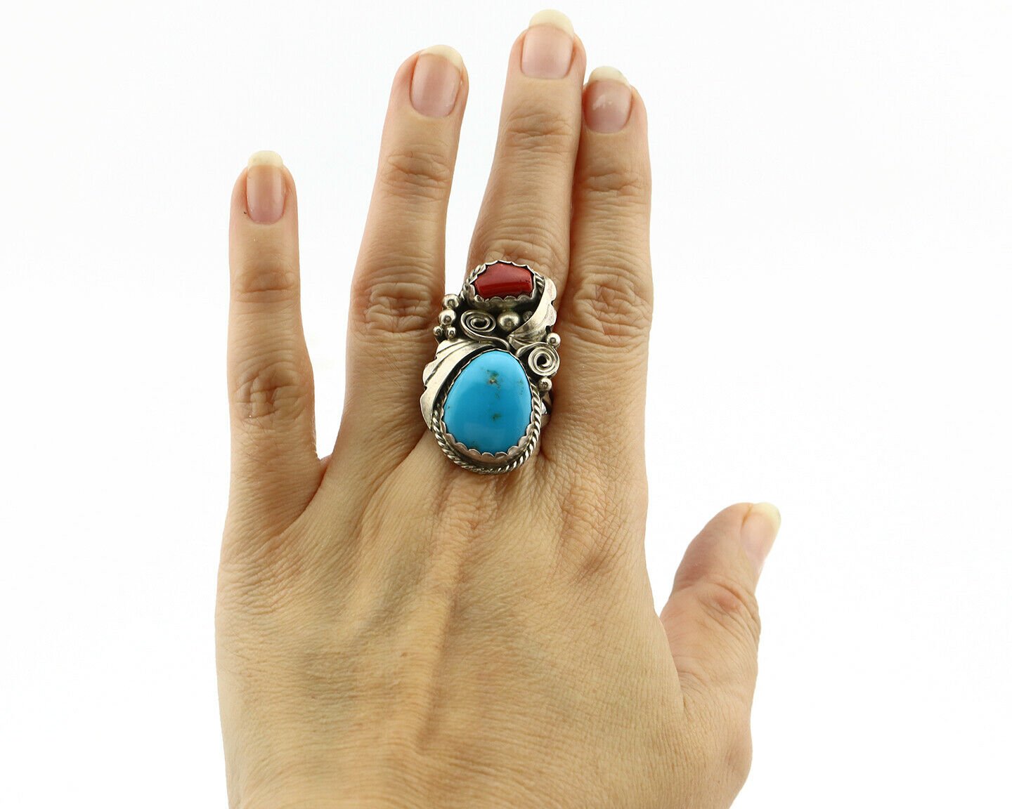 Navajo Ring .925 Silver Turquoise & Coral Artist Signed Justin Morris C.80's