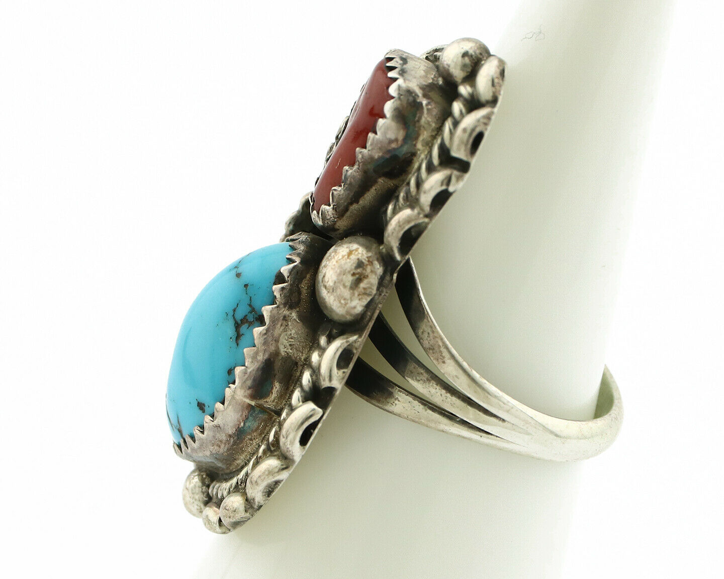Navajo Ring .925 Silver Turquoise & Coral Artist Signed Thomas Singer C.80's