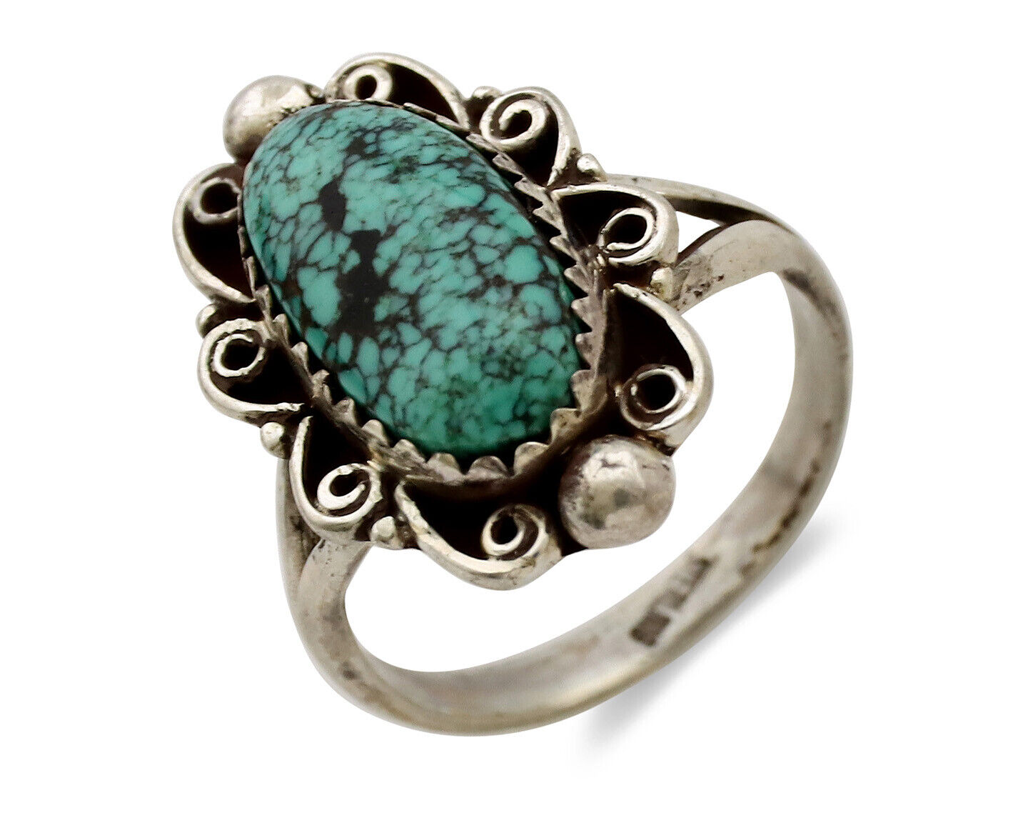 Navajo Ring .925 Silver Spiderweb Turquoise Artist Signed TALHAT C.80's