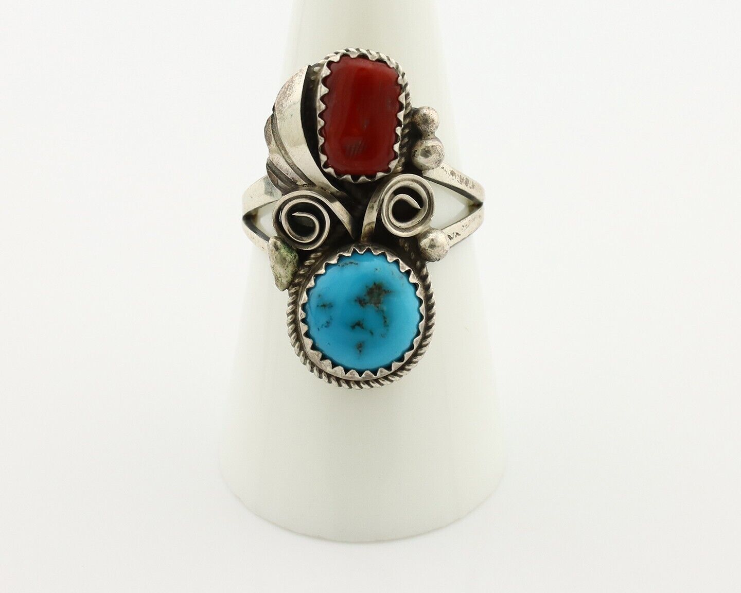 Navajo Ring 925 Silver Blue Turquiose & Coral Artist Signed Justin Morris C.80's