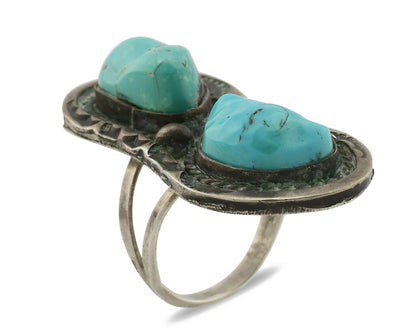 Navajo Ring .925 Silver Globe Turquoise Hand Stamped Native American Artist C80s