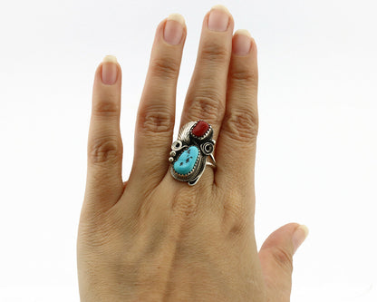 Navajo Ring .925 Silver Turquoise & Coral Artist Signed J Morris C.80's