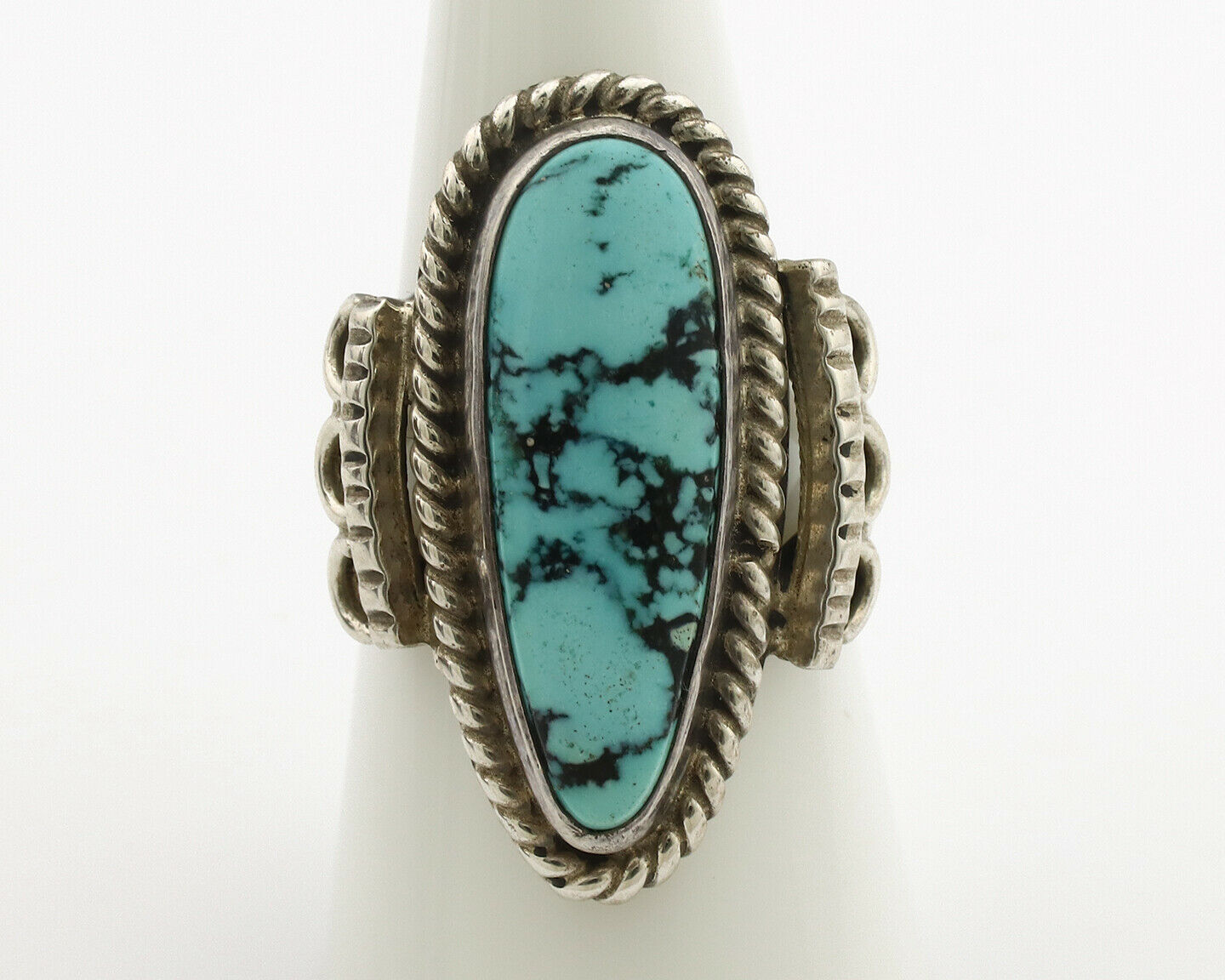 Navajo Ring .925 Silver Blue Spiderweb Turquoise Signed Fred Guerrero C.1980's
