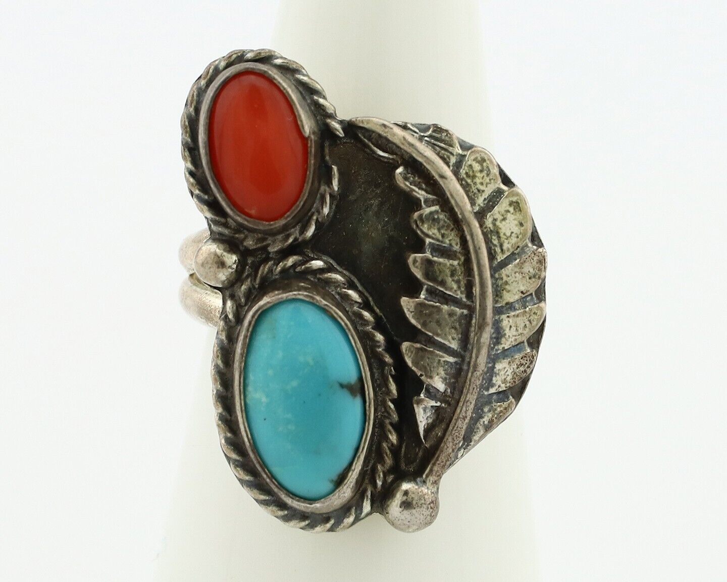 Navajo Handmade Ring 925 Silver Turquiose & Coral Native American Artist C.80's
