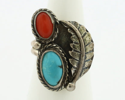 Navajo Handmade Ring 925 Silver Turquiose & Coral Native American Artist C.80's