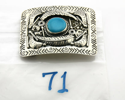 Navajo Belt Buckle .925 Silver Turquoise Mountain Artist Signed Tipi C.80's