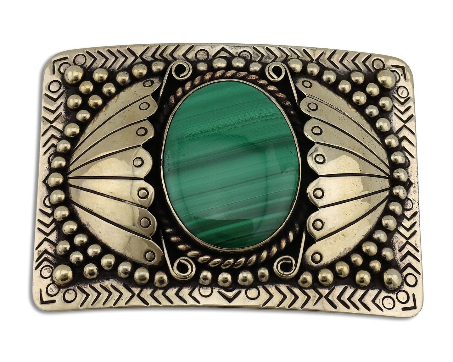 Men Navajo Belt Buckle 999 Nickel Malachite Artist Signed Teepee Handmade C80s