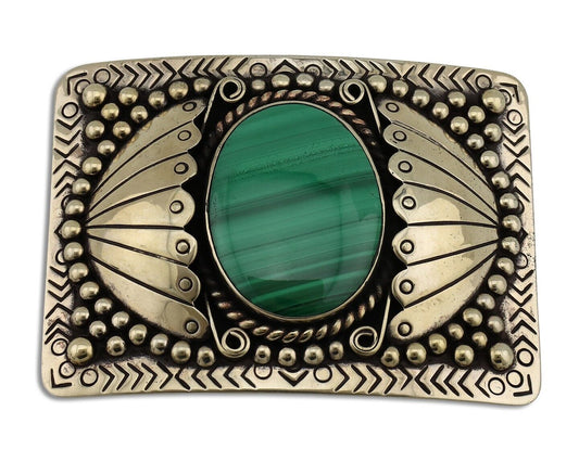 Men Navajo Belt Buckle 999 Nickel Malachite Artist Signed Teepee Handmade C80s