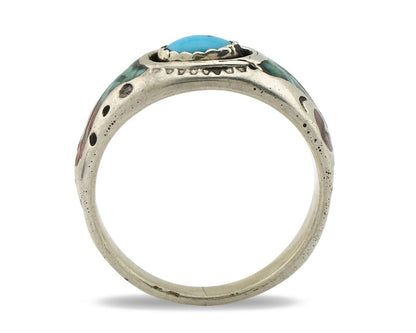 Navajo Handmade Ring 925 Silver Blue Turquoise & Coral Native American C.80's
