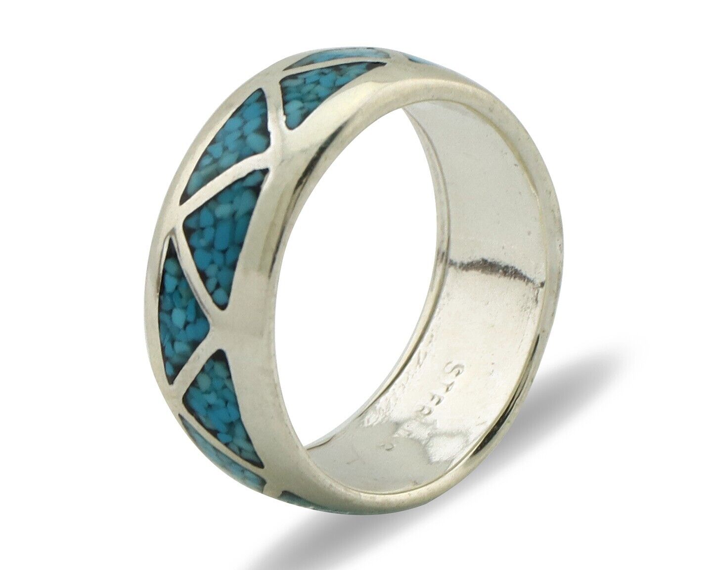 Navajo Chip Inlay Ring 925 Silver Sleeping Beauty Turquoise Artist Silver Cloud