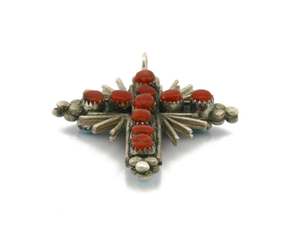 Zuni REAL Turquoise and Coral Reversible 925 Silver Handmade Cross Pendant
