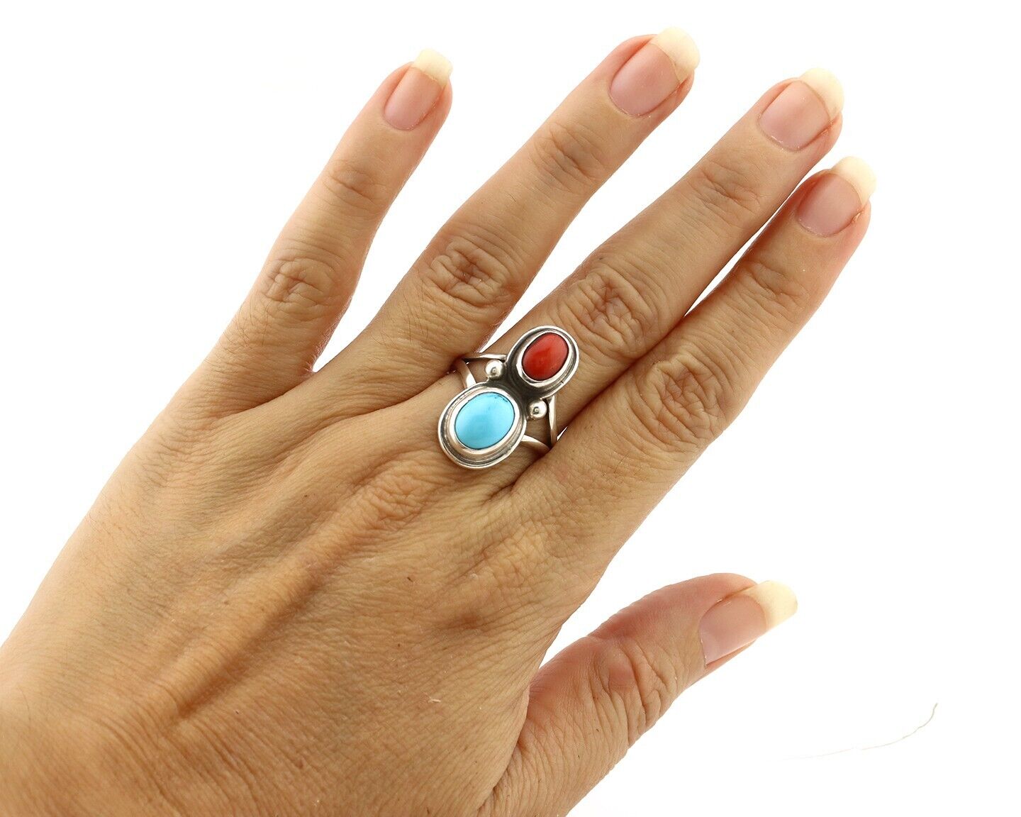 Navajo Handmade Ring 925 Silver Coral & Turquoise Native American Artist C.80's