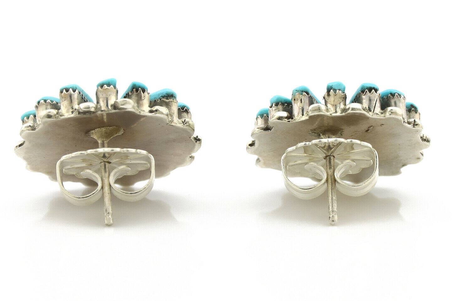Zuni Earrings .925 Silver Petti Point Natural Blue Turquoise Native Artist C.80s