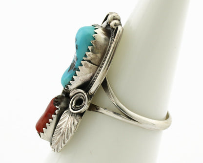 Navajo Ring .925 Silver Turquoise & Coral Artist Signed J Morris C.80's