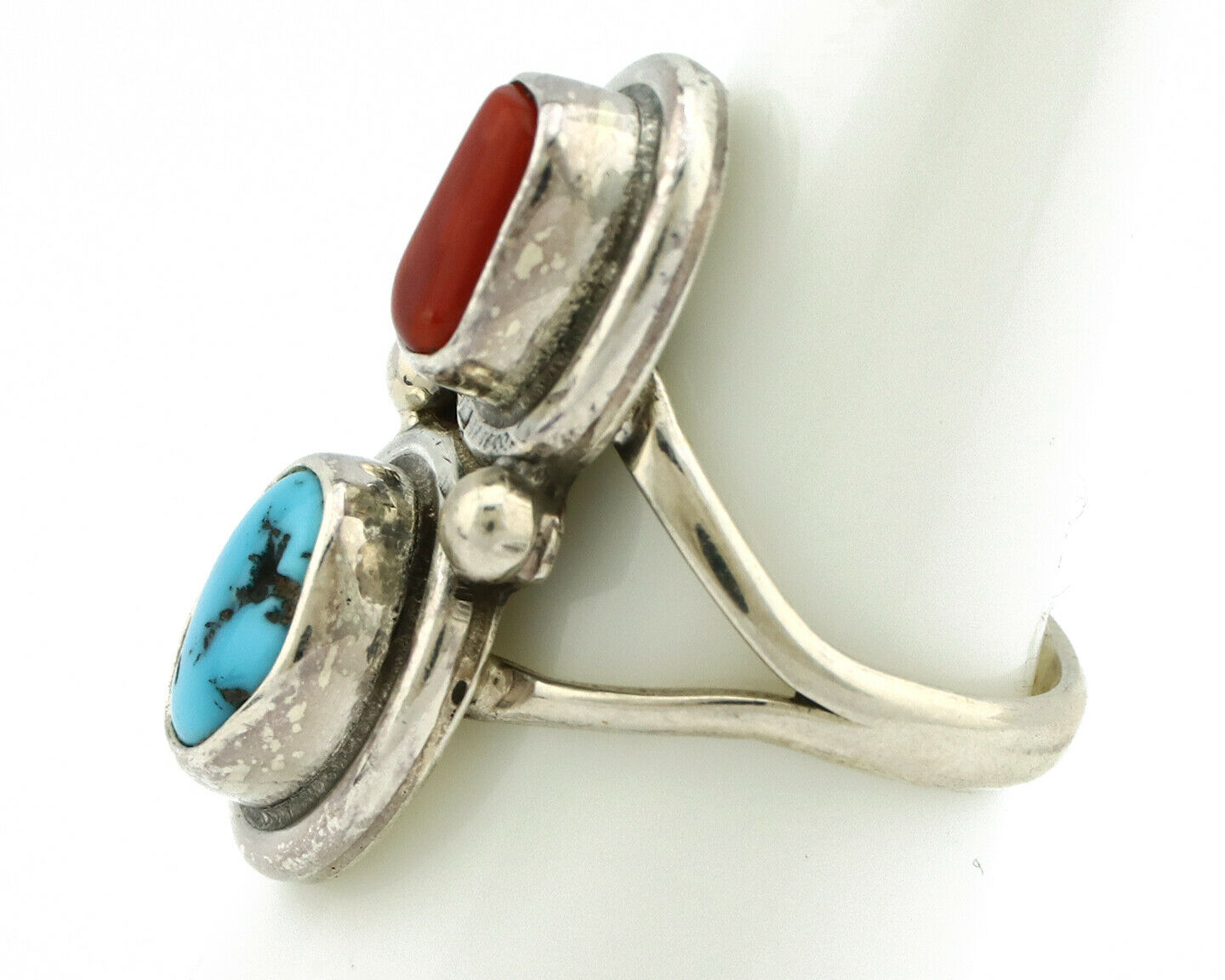 Navajo Ring .925 Silver Red Coral & Blue Turquoise Native Artist C.80's