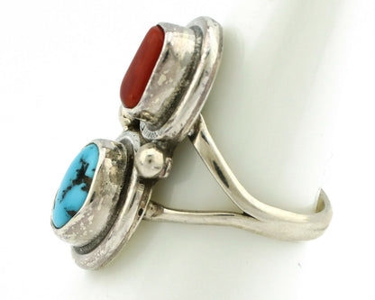 Navajo Ring .925 Silver Red Coral & Blue Turquoise Native Artist C.80's