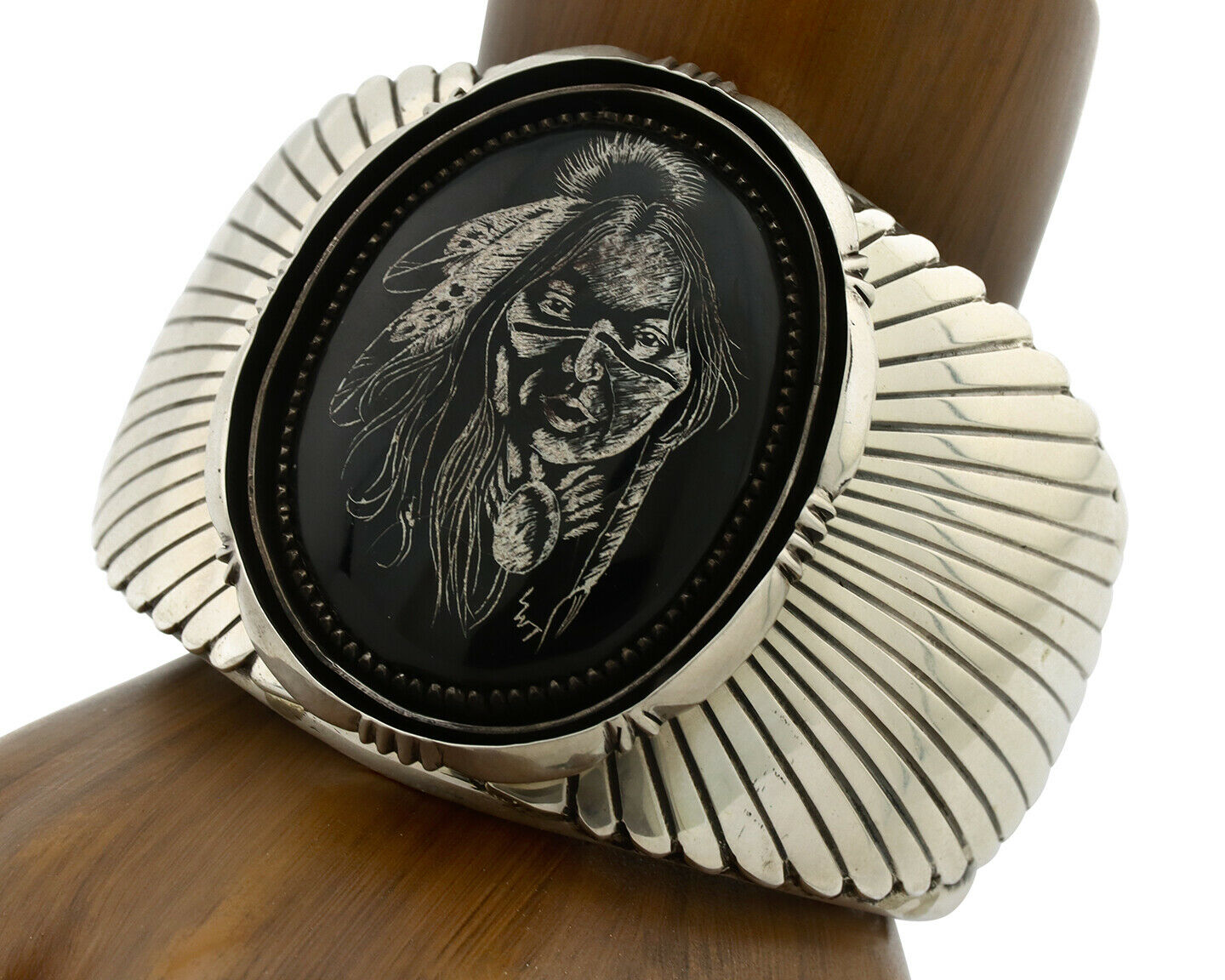 Navajo Bracelet .925 Silver Hand Carved Warrior Native American Artist