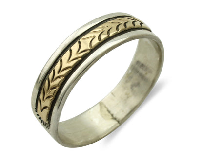 Navajo Ring 925 Silver & Solid 14k Yellow Gold Artist Signed RE Hand Stamped