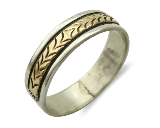 Navajo Ring 925 Silver & Solid 14k Yellow Gold Artist Signed RE Hand Stamped