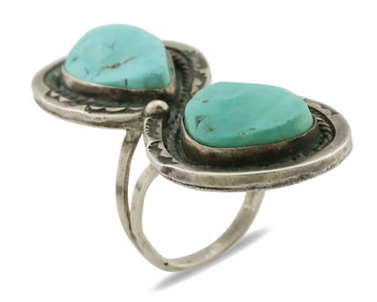Navajo Ring .925 Silver Globe Turquoise Hand Stamped Native American Artist C80s