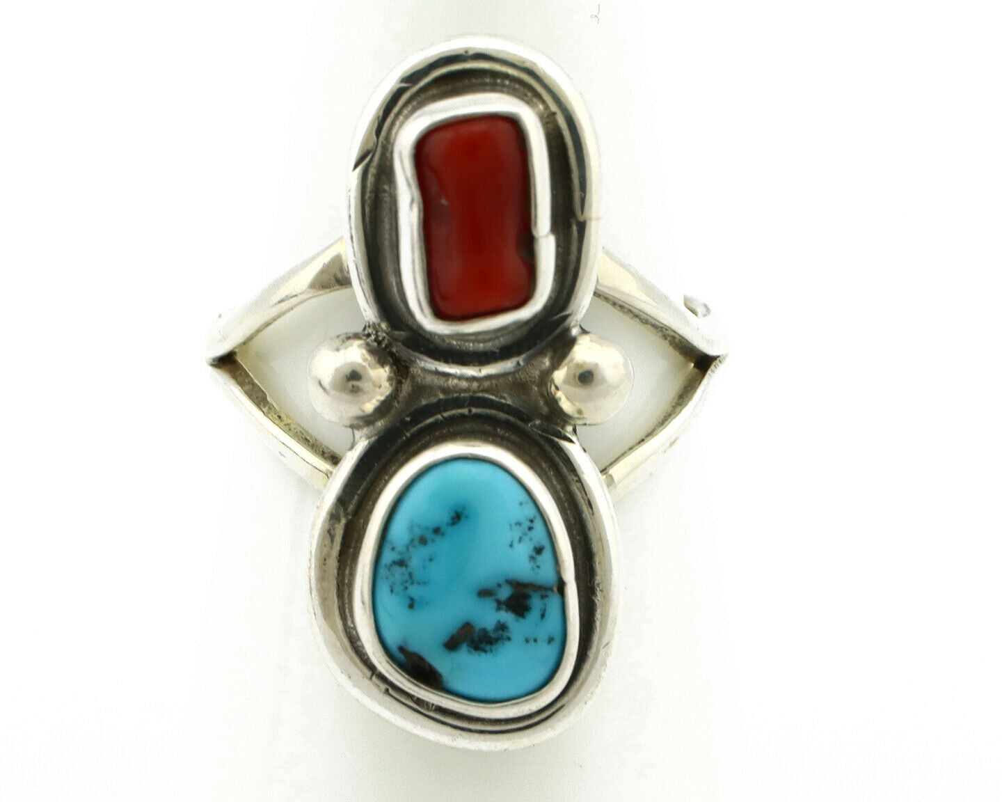 Navajo Ring .925 Silver Red Coral & Blue Turquoise Native Artist C.80's