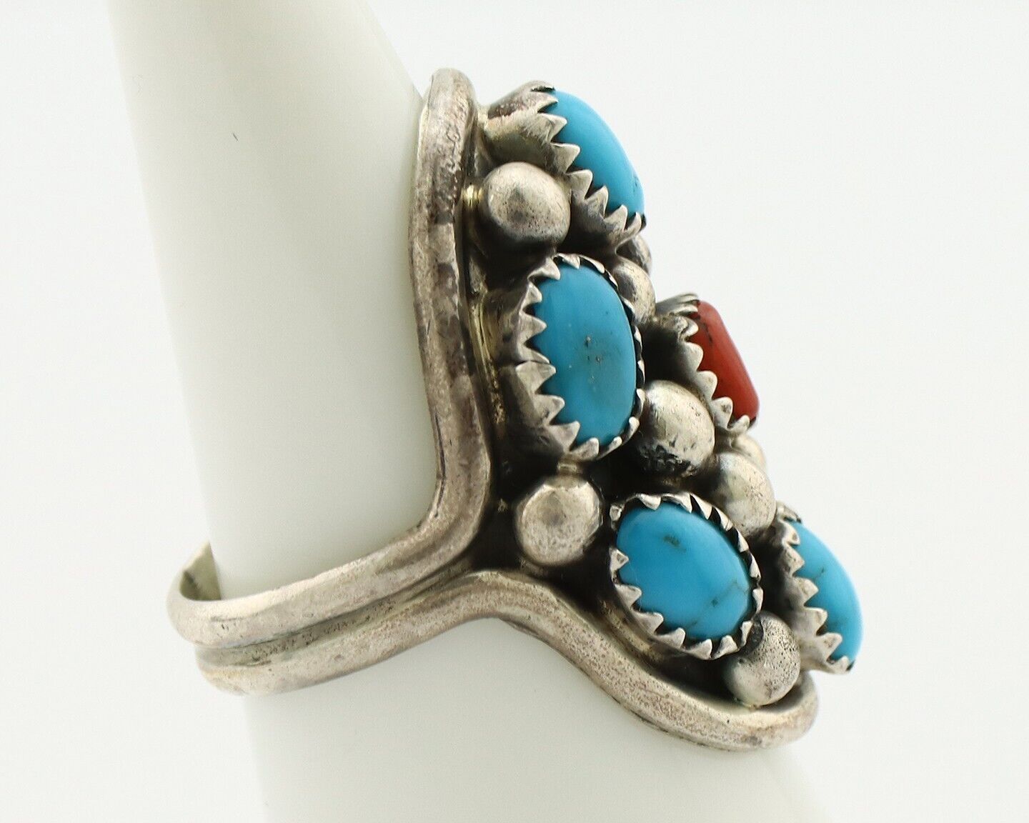 Navajo Ring 925 Silver Blue Turquiose & Coral Artist Signed Elgin Hoskey C.80's