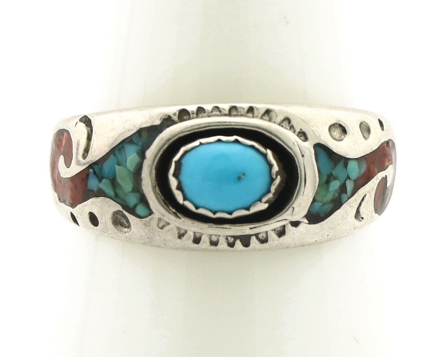 Navajo Handmade Ring 925 Silver Blue Turquoise & Coral Native American C.80's