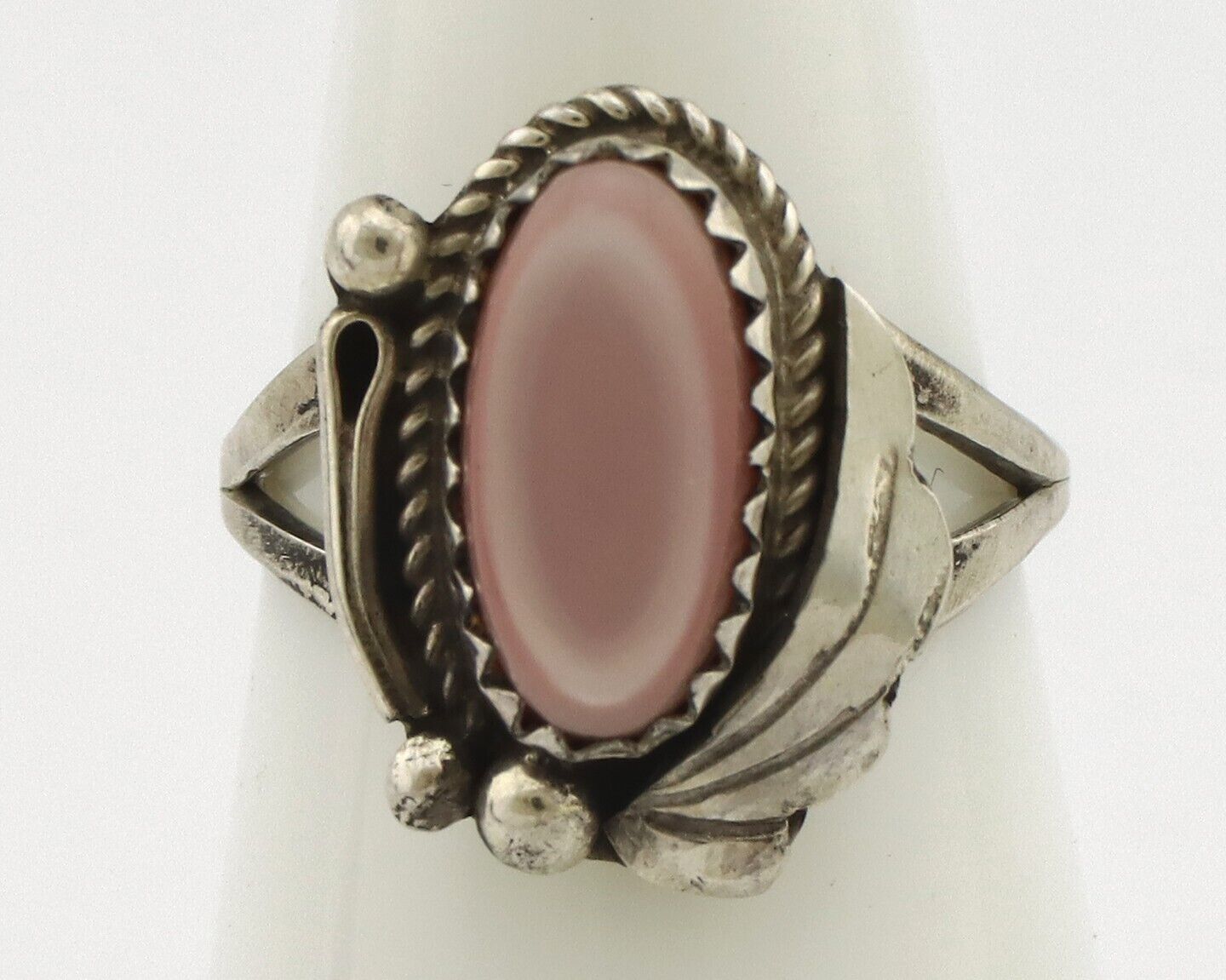 Navajo Ring .925 Silver Natural Pink Mussel Artist Signed Justin Morris C.80's