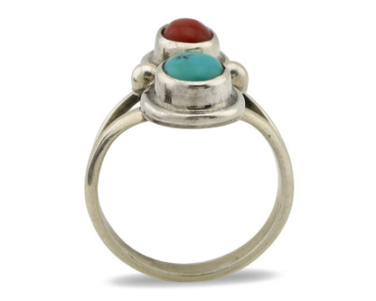 Navajo Handmade Ring 925 Silver Coral & Turquoise Native American Artist C.80's