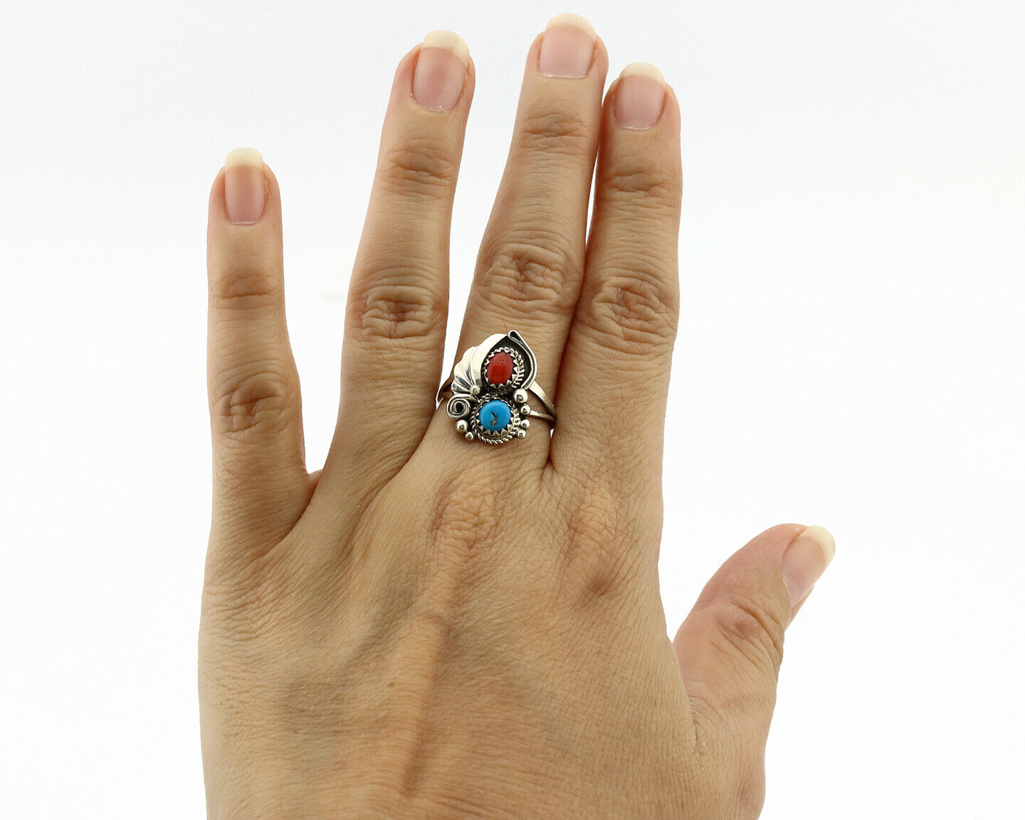 Navajo Ring .925 Silver Morenci Turquoise & Coral Native Artist Signed JM C.80's