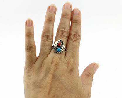 Navajo Ring .925 Silver Morenci Turquoise & Coral Native Artist Signed JM C.80's