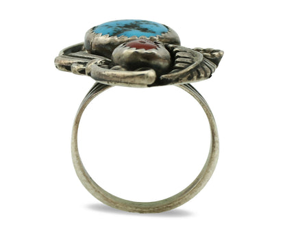 Navajo Ring .925 Silver Turquoise & Coral Artist Signed Thomas Singer C.80's